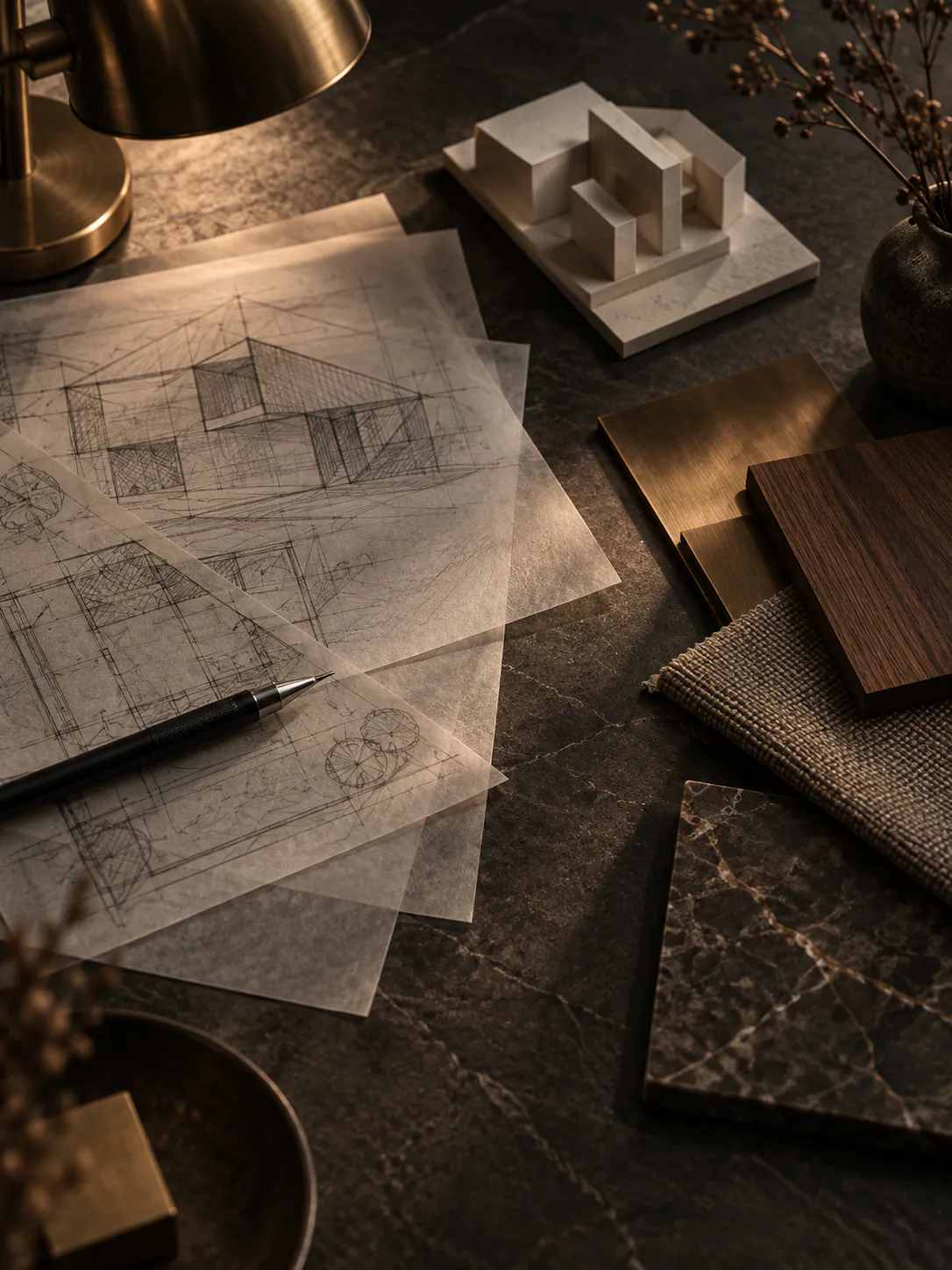 The atelier: architectural drawings on tracing paper, a white massing model and material samples — bronze, walnut, linen and marble.