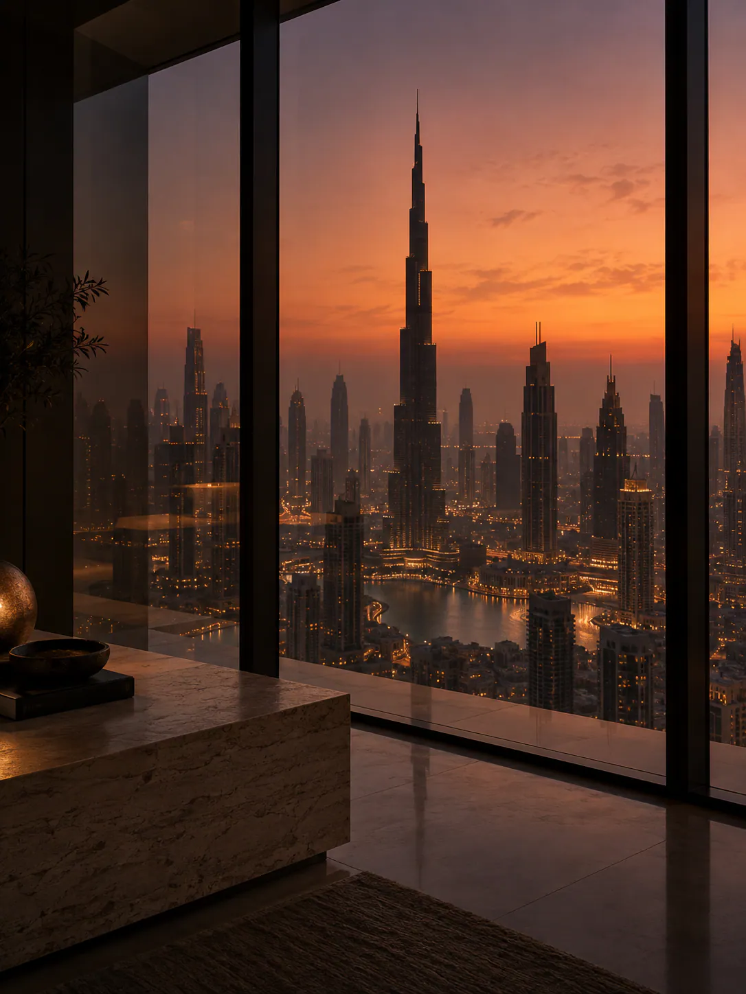 Dubai at sunset — the Burj Khalifa seen from a high interior with a travertine bench