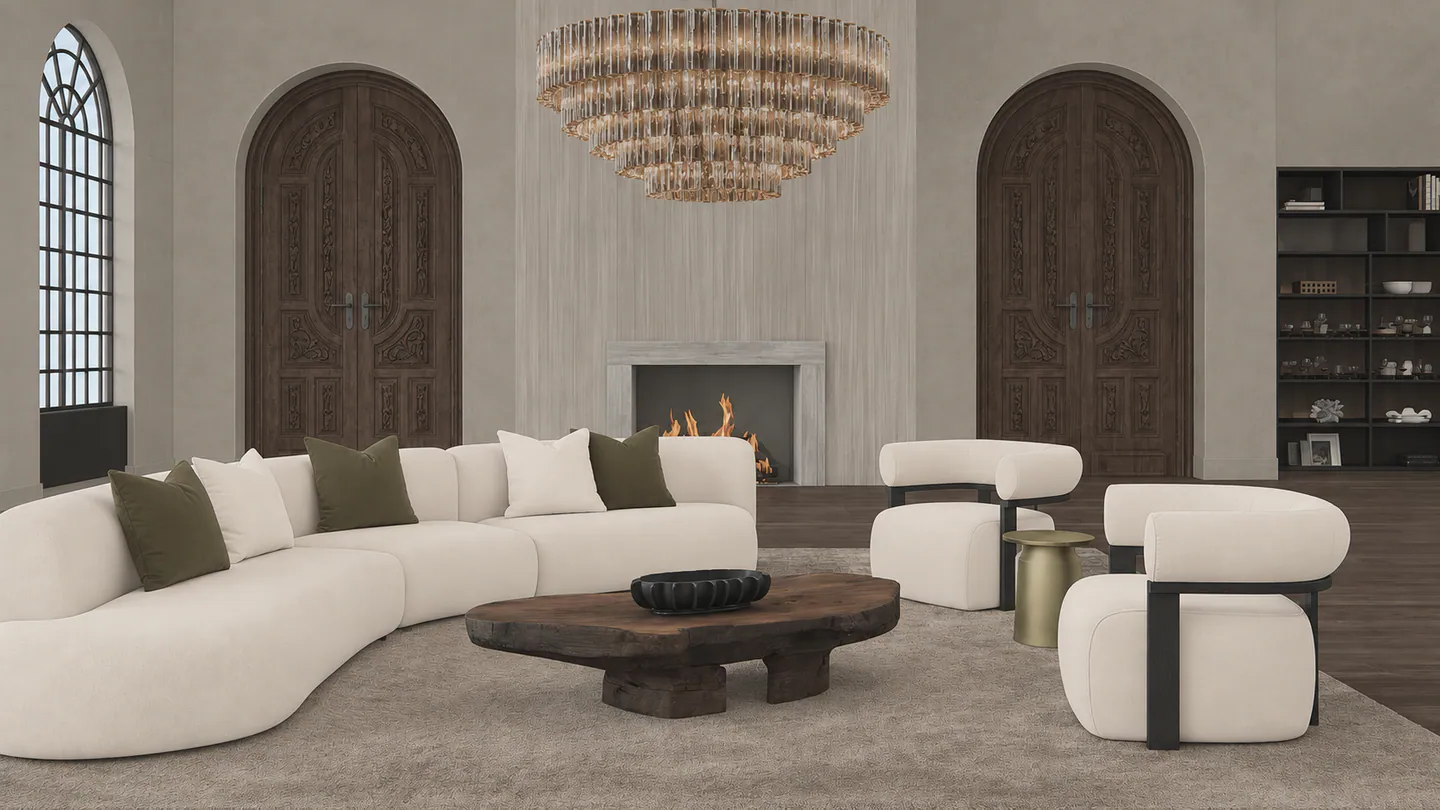 Material: the room with flat materials applied — carved oak doors, plaster walls, bouclé and velvet.