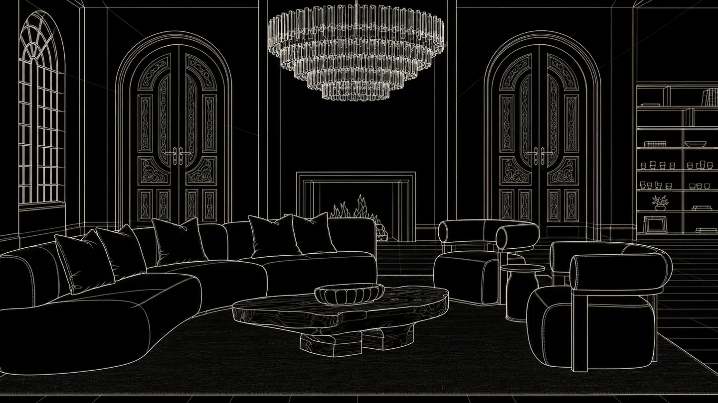 Line: the living room as precise CAD linework — arched doors, chandelier, fireplace and curved sofa.