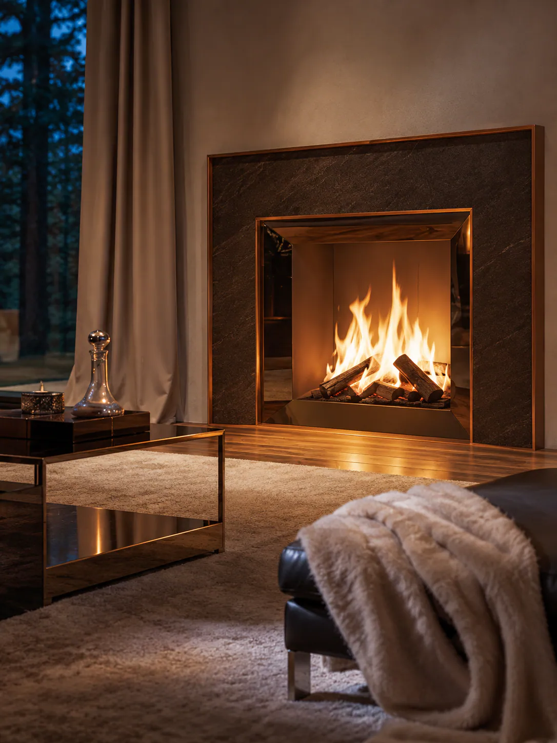 A fireplace in the evening, low flames casting amber light over the hearth and a wool throw