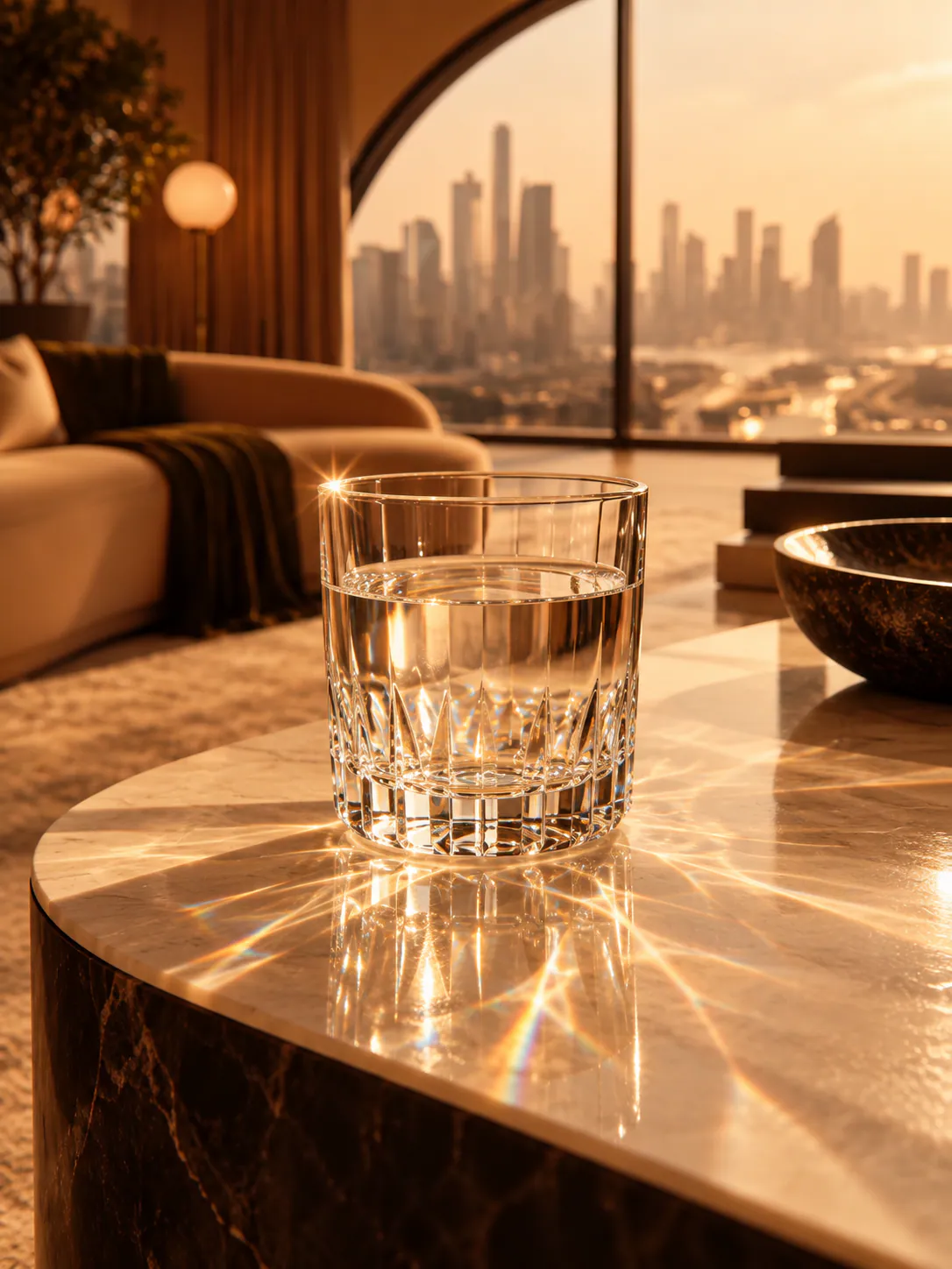 A crystal tumbler on a polished stone table, midday sun throwing caustics across the stone