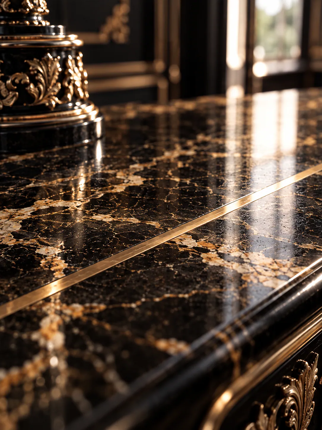 Polished dark marble with gold veining and an inlaid brass strip under raking light